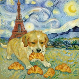 dog eating croissants in paris, painted by van gogh