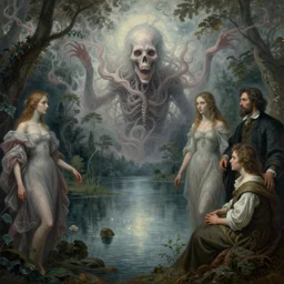 an ethereal intricate and fantastically horrifying hyperdetailed painting of a lake by darrell bush, zaria forman, maxim grunin, carina francioso, jan van goyen, and caspar david friedrich 8 k resolution