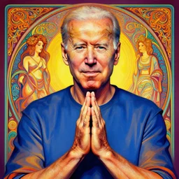 Joe Biden bodhisattva, praying, prayer hands, 1967 psychedelic portrait art by artgerm and greg rutkowski and alphonse mucha