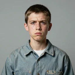 tintype of an outlaw wearing a prison uniform, 4 6 yo, annoyed look, skin pores, scars, skin condition, straight hair, in the night, flash light, sigma 8 5 mm, hdr, nikon 5 0 mm f / 1. 8 g, by lee jeffries