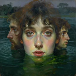 hyperrealist portrait in a river, close up face, dark green water, algae, by alphonse mucha and lucian freud and bouguereau, fog twilight lighting, very detailed faces