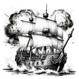 highly detailed ink action photography of an explosion on a pirate ship, fast shutter speed, high speed, action photo, 1 / 1 0 0 0 sec shutter, octane render, b & w clean shaped illustration by kim jung gi, ric estrada, and eiichiro oda