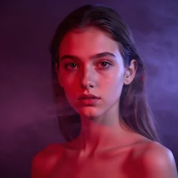 a photo of slim girl, 2 0 yo, close - up, high detail, studio, smoke, sharp, red violet light, 8 5 mm sigma art lens