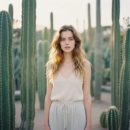 photograph of a beautiful!!! woman inside a cacti garden! by mark owen. pastel colors. portra 4 0 0 film. mamiya 7. highly detailed. hq. photoreal. golden hour. raw. in - frame