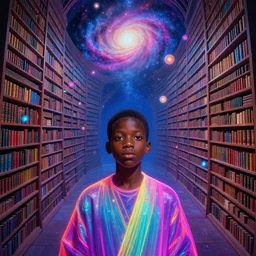 a breathtaking 8 k resolution matte painting of a black boy wearing neon robes inside a vast and endless four dimensional magic library of spells full of glowing orbs at the end of the galaxy, detailed face, timbuktu, in a symbolic and meaningful style, by m. c. escher and greg rutkowski and evgeni gordiets, radiant lighting, concept art, retrowave
