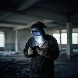 welder in welding mask in abandoned office building, ominous lighting, by richard avedon, tri - x pan stock
