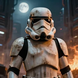 film still from the force awakens a telephoto headshot portrait of star wars dirty!! filthy!! grimy storm trooper in a science fiction, cyberpunk city, smoke, fire, volumetric lighting, glamour pose, rim lighting, moonlit, cinematic, ridley scott, octane, 8 k