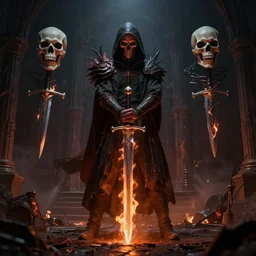 the fire thief with sword, dark, skull, peter mohrbacher, kelly mckernan, hypermaximalist, cinematic, symmetrical, concept art, unreal engine, environment, sharp