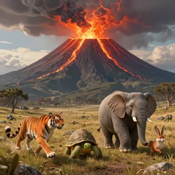 A tiger, a turtle, an elephant, a rabbit and a fox running away from an erupting volcano, cartoonish