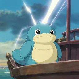 Studio Ghibli image of a cute sea monster on a boat wholesome animation sharp Bloom dramatic lightning very sunny