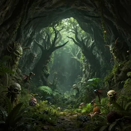 underground cave on an exotic alien planet, dark jungle archways of antler trees in the background, weed overgrowth, insectile plants, demon faces, skulls, by ian miller, rodney matthews and artstation, photorealistic render