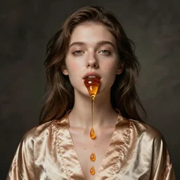 portrait of a girl, in a silk robe, honey dripping down her top to bottom, petrolium coming out of her mouth, hyperrealistic, hightech