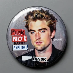 painting on a badge!!!!, photo of a robert pattinson, punks not dead!!!!, exploited!!, clash, junk yard, rats!!, god save the queen!!!, punk rock album cover art style, grunge, no future!!!!