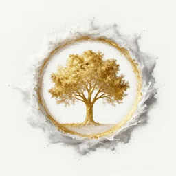 white and gold powder splash smoke made of perfect circle with a tree inside, light background, 3d, texture