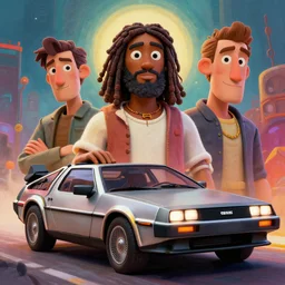 3 d vfx - drew struzan movie poster - art of an african jesus in a delorean, art style by james jean & hsiao - ron cheng, unreal engine render, digital illustration, sharp, intricate detail, volumetric lighting, ray tracing, soft light, colourful, claymation style, ernie barnes style, acrylic on canvas, pinterest, artstation, behance
