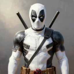 deadpool character wearing white!!!, hyperrealistic, highly detailed, cinematic, volumetric sunlight, beautiful, cgssociety, artstation, 8 k, oil painting by greg rutkowski, by artgerm, by wlop