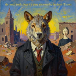 bright dramatic lighting colorful oil painting titled'the real truth about it is there aint no end to the desert i'll cross ', magical realism symbolist, portrait of hybrid animal protagonist in a ruined city, highly detailed, painted by grant wood and rene magritte, shocking detail trending on artstation 8 k