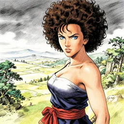 scarlett johansson with blue eyes as afro samurai in beautiful japanese landscape, dynamic wide angle lens, manga style, greg rutkowski, pencil and ink, dramatic lighting