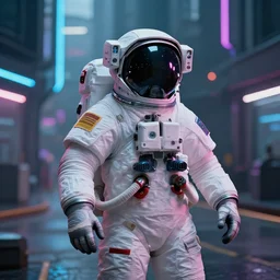 professional photo of astronaut on cyberpunk street, synthwave, hyperrealistic masterpiece, trending on artstation, cgsociety, kodakchrome, golden ratio, cinematic, composition, beautiful lighting, hyper detailed, sharp focus, octane render, 4 k, unreal engine
