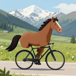 horse on bicycle, cycling!!, anthropomorphic, in the mountains
