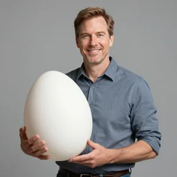 Sam Douglas as Scott Shelby holding a giant egg.