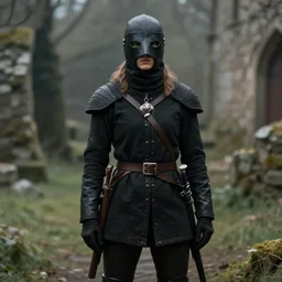 medieval british sas female masked operative with the standard black uniform, artstation, trending on artstation, establishing shot, by simon stalenhag
