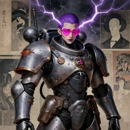 portrait of gothic and futuristic young mainem, warhammer, japan cyber armor, a lot of scars, thunderstorm, purple head, heart pink mono glasses place of eyes, the middle ages, highly detailed, artstation, in the style of moebius, jugendstil and classic japanese print, art by rene magritte, jean delville