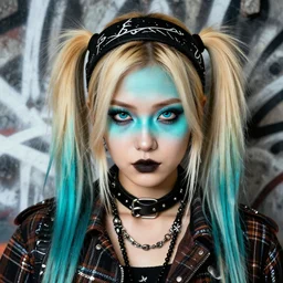 highly detailed closeup portrait of a sewer punk swedish female road warrior student, tartan garment, blonde hair pigtails with headband by atey ghailan, by greg rutkowski, by greg tocchini, by james gilleard, by joe fenton, by kaethe butcher, gradient cyan, black, brown and white color scheme, grunge aesthetic!!! white graffiti tag wall background