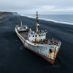 cinematic aerial shot of abandoned ship in the middle of black sand beach in iceland