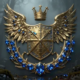 heraldic coat of arms frame made of gold and blue crystal, gloomy and foggy atmosphere, octane render, rembrandt, cgsociety, artstation trending, horror scene, highly detailded