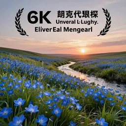 beutiful blue flowers on grassland, brook, sunset, very wide view, atmospheric, hyper realistic, photography, 8k, epic composition, award winning, cinematic, unreal engine, artstation
