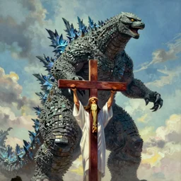 Jesus christ holding the neck of a giant titan Godzilla,   matte fantasy painting, DeviantArt Artstation, by  Jen Zee and Tatsuya Yoshikawa  by Utsurowazaru Mono  by Tatsuya Yoshikawa  by Hajime Isayama, cinematic lighting