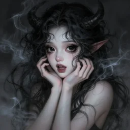 portrait of demon girl, dreamy and ethereal, expressive pose, big black eyes, exciting expression, fantasy, intricate, elegant, dark and moody smoke, highly detailed, digital painting, artstation, concept art, smooth, sharp focus, illustration, art by artgerm and greg rutkowski and ( alphonse mucha ) alex flores