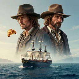 wyatt earp and doc holliday, visually stunning, cinematic, ultra realistic, hyper realism, 1 2 k, epic, octane render, unreal engine, vfx, maya, a double merge pour : a lonely ship adrift in the endless ocean of time, morning dachshund croissant : poseidon, distant shores : great waters