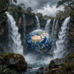 spiralling rocks twisting the earth around them with waterfalls falling from them by roger dean