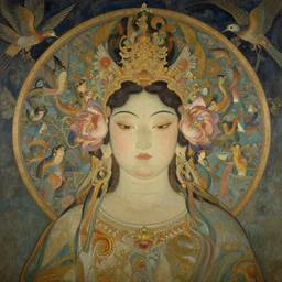 portrait breathtaking detailed concept art painting art deco pattern of birds goddesses amalmation flowers head thibetan temple, by hsiao ron cheng, tetsuya ichida, bizarre compositions, tsutomu nihei, exquisite detail, extremely moody lighting, 8 k, art nouveau, old chines painting, art nouveau