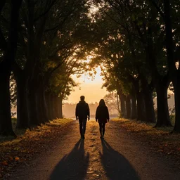 man and woman walking, path with trees, leaves on the ground, sky with sunset, volumetric light, dramatic, wide angle, by emmanuel shiu il