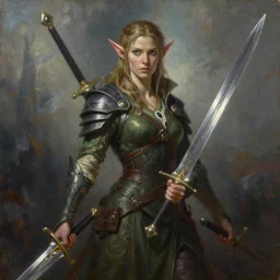 female elf with two swords in her hands, painted by artgerm and tom bagshaw, fantasy art, dramatic lighting, highly detailed oil painting