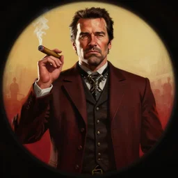 Arnold Schwarzenegger in Red Dead Redemption 2 (2018 videogame) cover art, ultra wide lens shot , cigar, tall, strong, taciturn, regal,  DnD character art portrait, matte fantasy painting, DeviantArt Artstation, by Jason Felix by Steve Argyle by Tyler Jacobson by Peter Mohrbacher, cinematic lighting