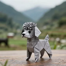 a grey black hairless miniature toy poodle in the Taiwan valleys, made from origami, videogame still in Tekken 7, 40mm lens, shallow depth of field, split lighting