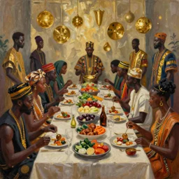 dark skinned people eating at a regal buffet ultra detailed beautiful setting elegant event nigerian party minimalist gold ornaments iridescent lighting glamour traditional ceremony contemporary in the style of edward hooper and henri matisse yinka shonibare oil painting