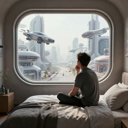 A thoughtful person sitting on a bed in a room with rounded a window overlooking a futuristic city with flying vehicles, drawind style, highly detailed, concept art, 4k, trending on artstation, cgsociety, octane render.