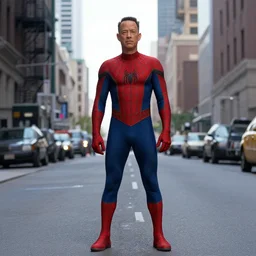 Tom Hanks as Spider-Man, film still, wide-shot, full shot, cinematic lens, heroic portrait