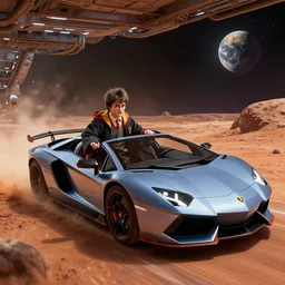 harry potter driving a lamborghini in a space station on mars, highly detailed, digital art, trending on artstation