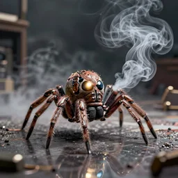 an adorable spider exhaling smoke in a smoke filled room, comic art, ultra high resolution, high detail, particle reflections, surface reflections, poster, 1972, glowing eyes, smoke filled room
