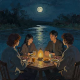 meeting with the river spirit, night, painting, trending on artstation