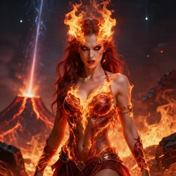 terrible goddess of fire, fury in her eyes, risque attire, volcanic eruption fantasy background, meteor shower, detailed render, vfx, ray tracing