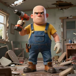 grumpy chunky bald handyman with powerdrill! body appendages, in a wrecked home, full body, hyperrealistic digital art masterpiece, highly detailed neo pop surrealism, jason limon kay sage hannah yata, dramatic lighting, low angle, uhd 8 k, sharp focus