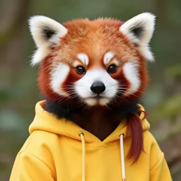 beautiful portrait commission of a female furry anthro red panda wearing a yellow hoodie, trending on artstation