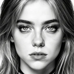 eilish, beautiful piercing eyes, realistic face, black and white drawing, in the style of greg rutkowski, fantasy, amazing detail, epic, intricate, elegant, smooth, sharp focus
